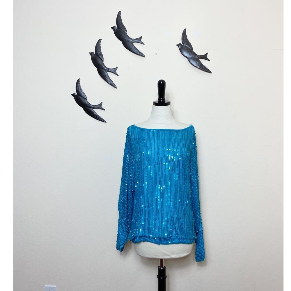 Vintage Judith Ann Creations Blue Sequin Blouse - M ~ Love Boat / Golden Girls!